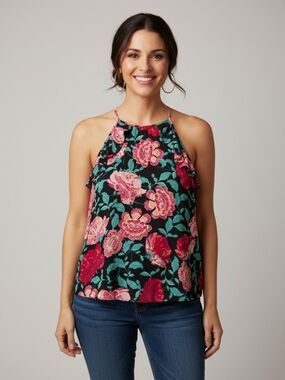 Elle Black Floral Halter Camisole with Pink & Green Flowers